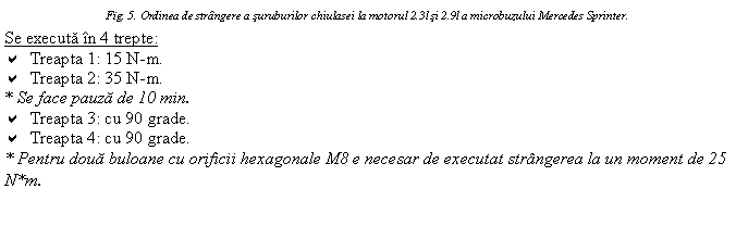 Text Box: Fig. 5. Ordinea de strangere a suruburilor chiulasei la motorul 2.3l si 2.9l a microbuzului Mercedes Sprinter.
Se executa in 4 trepte:
a Treapta 1: 15 N-m.
a Treapta 2: 35 N-m.
* Se face pauza de 10 min.
a Treapta 3: cu 90 grade.
a Treapta 4: cu 90 grade.
* Pentru doua buloane cu orificii hexagonale M8 e necesar de executat strangerea la un moment de 25 N*m.
